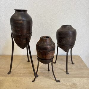Set 3 Hand Carved Solid Wood Urns Vases Wrought Iron Tripod Stands Rustic Decor